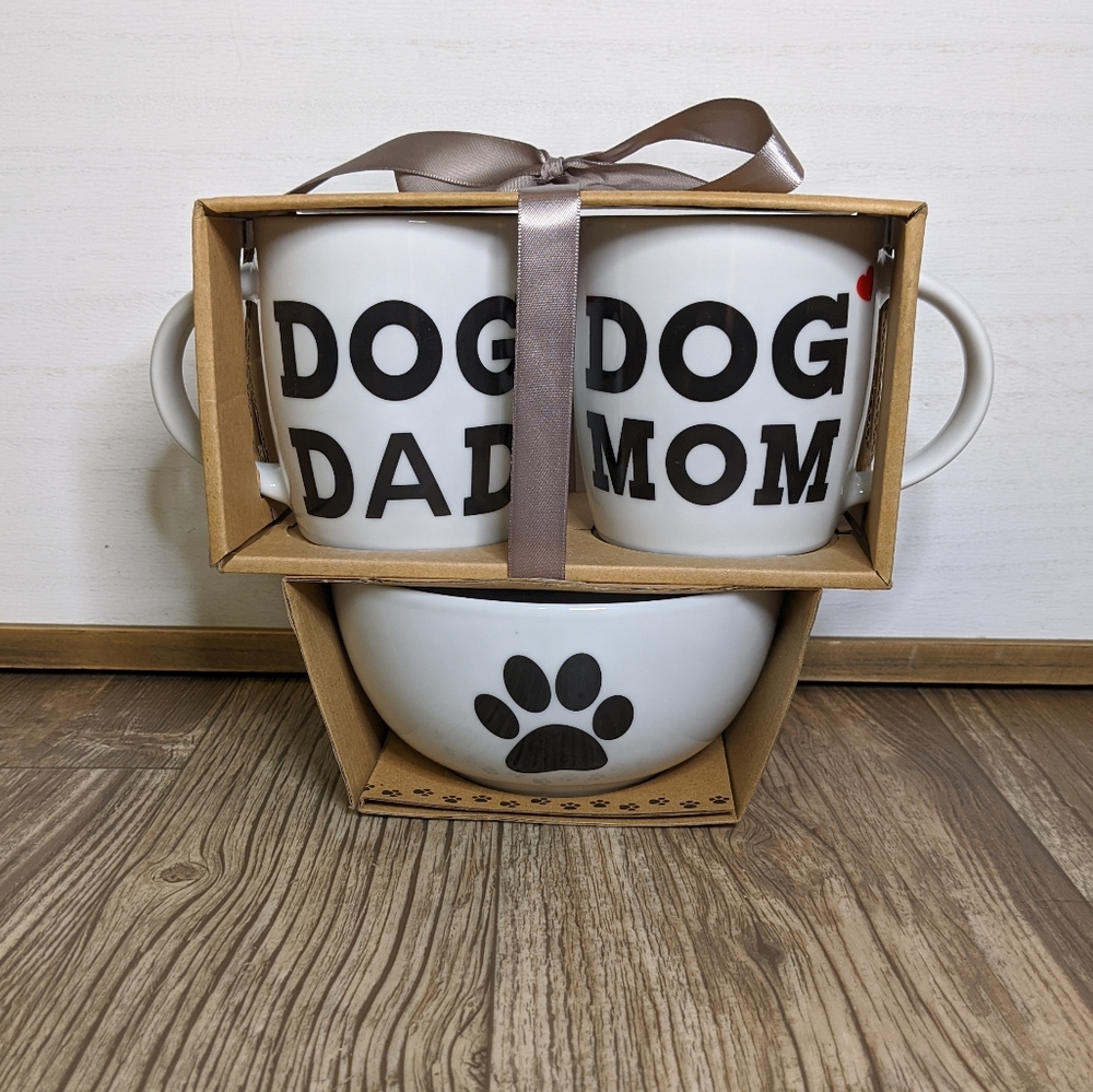 Dog Mom Dog Dad Coffee Mug Set with Dog Bowl